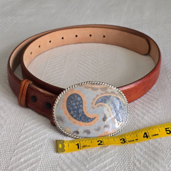 Vintage Concho Style Statement Belt Buckle Enamel Paisley Italian Calfskin 36" - Picture 4 of 6